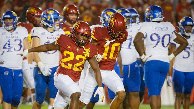 Iowa State Cyclones running back Deon Silas (22) celebrates a touchdown as Iowa State hosts Kansas at Jack Trice Stadium in Ames, Saturday, Oct. 2, 2021.

Isu25 Jpg